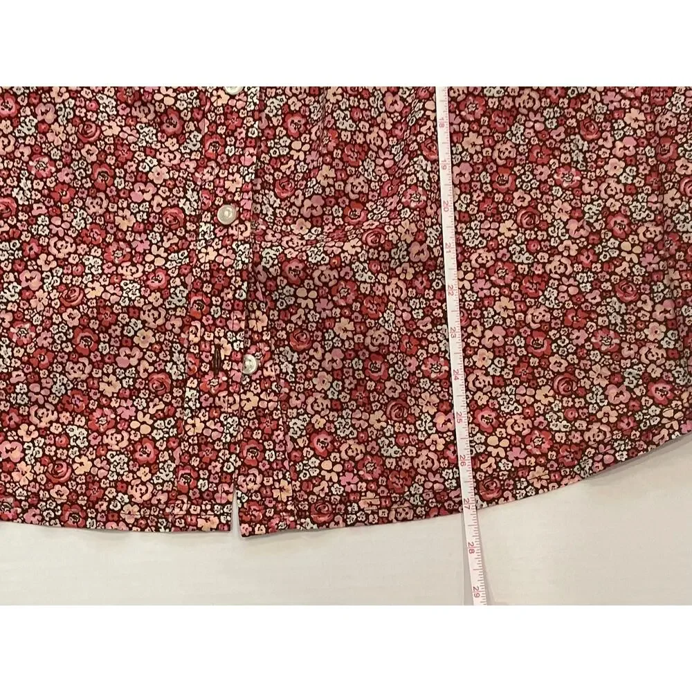 Lee Red Floral Short Sleeve Button Down Shirt, Band Collar, Cottage, Size L